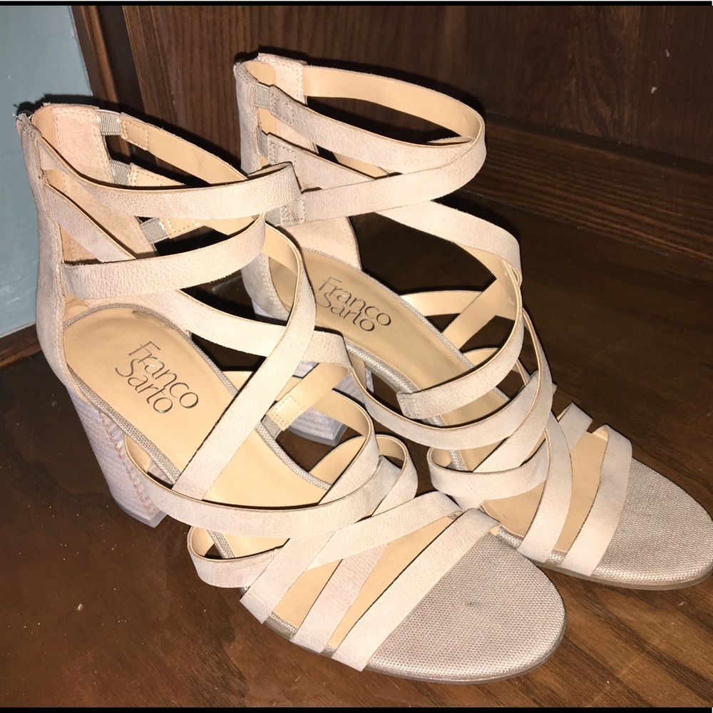 Franco Sarto tan strappy high wedge shoes